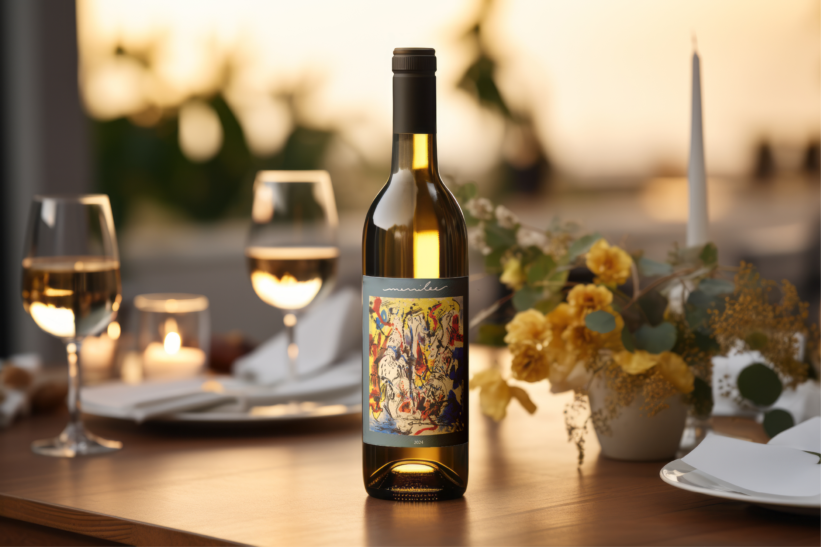 Merrilee Wine House — bottle on dining table at dusk