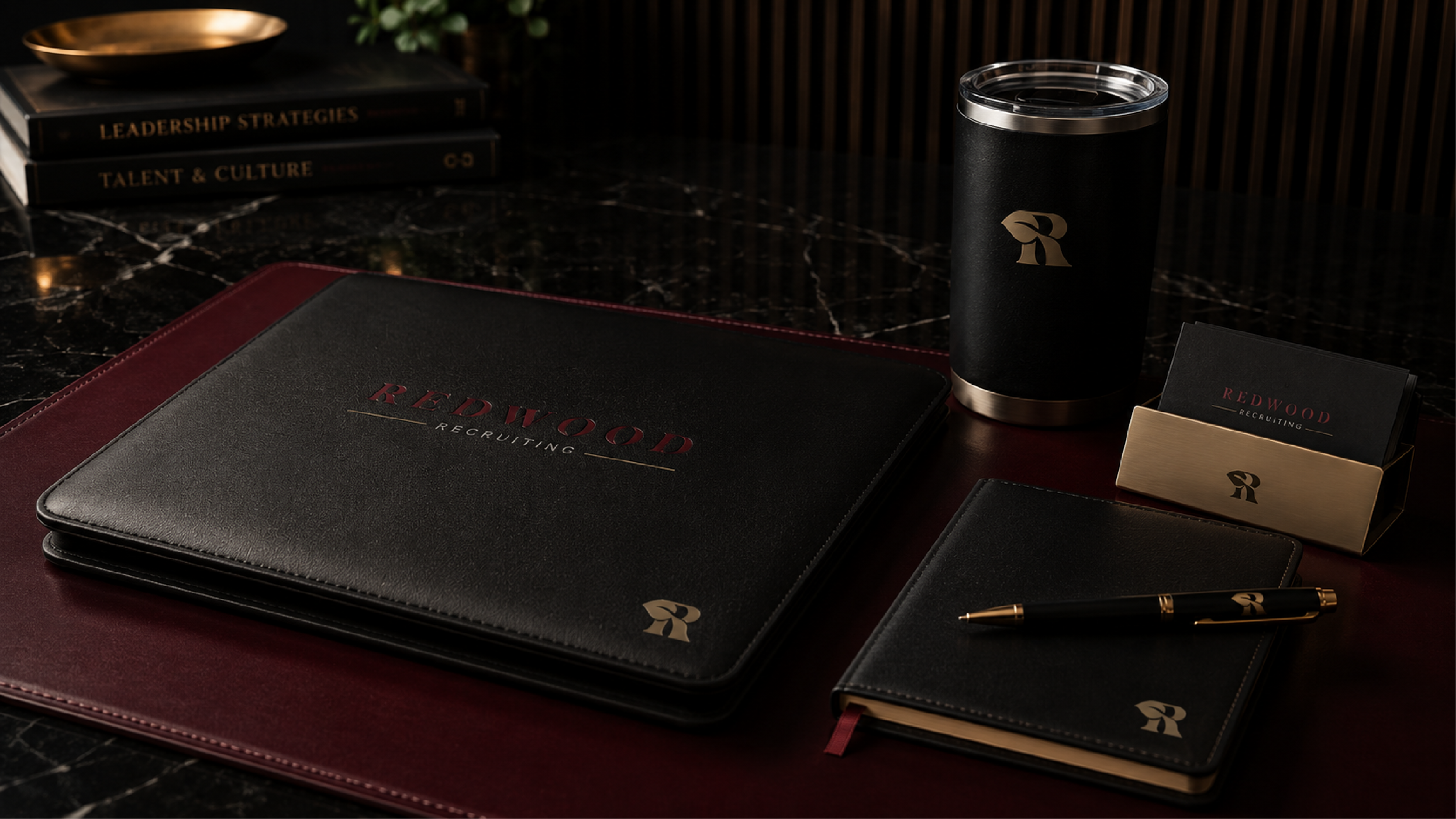 Full Redwood Recruiting stationery system — folio, business cards, brass holder, pen